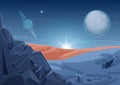 Fantasy mystery alien landscape, another planet nature with rocks and planets in sky. Game design vector galaxy space