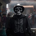 Fantasy and mystic illustration with iron skeleton wearing black coat and helmet going in crowd of people background