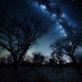 tree silhouette milky landscape universe space sky star nature way night. Generative AI. Royalty Free Stock Photo