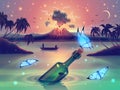 Fantasy nature landscape with blue neon glow butterflies against magic lake, river or sea and erupting volcano on island, palm