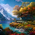 Fantasy Nature Landscape Painting With A Boat