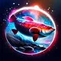 Fantasy neon fish in the ocean. Illustration on a dark background. generative AI