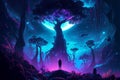 Fantasy of neon forest glowing colorful like fairytale. (Created with Generative AI technology