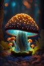 Fantasy neon mushroom in the forest at night.