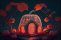 Fantasy neon punpkin house in autumn garden, ai illustration