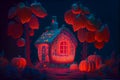 Fantasy neon punpkin house in autumn garden, generative ai illustration