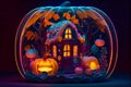 Fantasy neon punpkin house in autumn garden, generative ai illustration