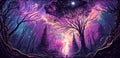 Fantasy night forest with moon and stars. Fantasy landscape, northern lights. Mystical illustration in violet tones