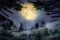 Fantasy night. Full moon in cloudy sky over fir forest, view through branches Royalty Free Stock Photo