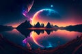 Fantasy night landscape with abstract islands and night sky with space galaxies