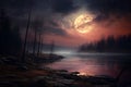 Fantasy night landscape with full moon over the lake Royalty Free Stock Photo