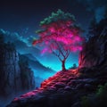 Fantasy Night Landscape with a Magic Tree. Fantasy Scene with a Magic Tree. Fantastical Illuminated Tree.