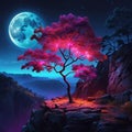 Fantasy Night Landscape with a Magic Tree. Fantasy Scene with a Magic Tree. Fantastical Illuminated Tree.