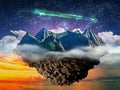 Fantasy night lanscape, mountain island floating above sea  and starry sky with comet Royalty Free Stock Photo