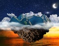 Fantasy night lanscape, mountain island floating above sea  and starry sky with moon Royalty Free Stock Photo