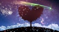 Fantasy night lanscape with tree and starry sky with comets