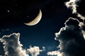 A fantasy of night sky cloudscape with stars and a crescent moon overlaid