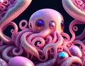 Fantasy occtopus surrounded by flying hearts in pastel pink color on dark background, AI Generated