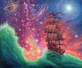 Fantasy oil painting sea landscape art with ship, sunset, space stars, planets, moon, hand drawn seascape illustration with ocean Royalty Free Stock Photo