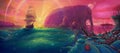 Fantasy Oil painting sunset sea landscape with ship, sun light beams and planets, seascape by oil on canvas, hand drawn Royalty Free Stock Photo