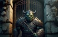 Fantasy orc guarding a stone castle gate with two swords Royalty Free Stock Photo