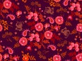 Fantasy oriental seamless paisley pattern with vintage flowers and silhouettes of peacocks on dark purple background. Print