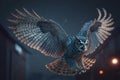 Fantasy owl flying in the night sky. Generative AI Royalty Free Stock Photo