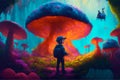 Fantasy painting of a boy with cute giant monster in mushroom garden , Ai Generated