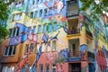 Fantasy painting on colorful house front, graffiti art on facade in hotspot of Dusseldorf, Germany