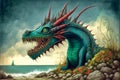 Fantasy painting, dragon on the sea coastline