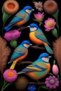 Illustration of portrait of family birds sitting on floral background. Generative Ai
