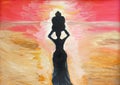 Fantasy painting with oil painted in African  style. African woman with a jug, Sunset landscape.  children painting style Royalty Free Stock Photo