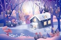 Fantasy panorama landscape of magic forest with fairy tale cottage in purple pastel tone, Vector cartoon illustration of fantasy Royalty Free Stock Photo