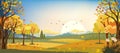 Panorama landscapes of Autumn farm field with maple leaves falling from trees, Fall season in evening Royalty Free Stock Photo
