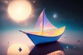 Generative AI: fantasy paper boat sailing in a magic landscape Royalty Free Stock Photo