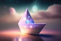 Generative AI: fantasy paper boat sailing in a magic landscape