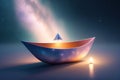 Generative AI: fantasy paper boat sailing in a magic landscape Royalty Free Stock Photo