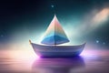 Generative AI: fantasy paper boat sailing in a magic landscape Royalty Free Stock Photo