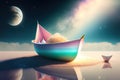 Generative AI: fantasy paper boat sailing in a magic landscape