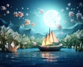 fantasy paper boat sling in a magic landscape.