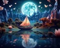 fantasy paper boat sling in a magic landscape.