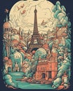 Fantasy Paris city surrealistic illustration poster. Creative interpretation of famous landmark and cityscape Royalty Free Stock Photo