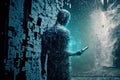 Fantasy passage of disintegrating into binary of dark abstract information data