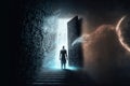 Fantasy passage of disintegrating into binary of dark abstract information data