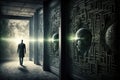 Fantasy passage of disintegrating into binary of dark abstract information data