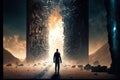 Fantasy passage of disintegrating into binary of dark abstract information data