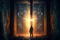Fantasy passage of disintegrating into binary of dark abstract information data