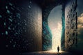Fantasy passage of disintegrating into binary of dark abstract information data