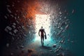 Fantasy passage of disintegrating into binary of dark abstract information data