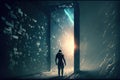 Fantasy passage of disintegrating into binary of dark abstract information data